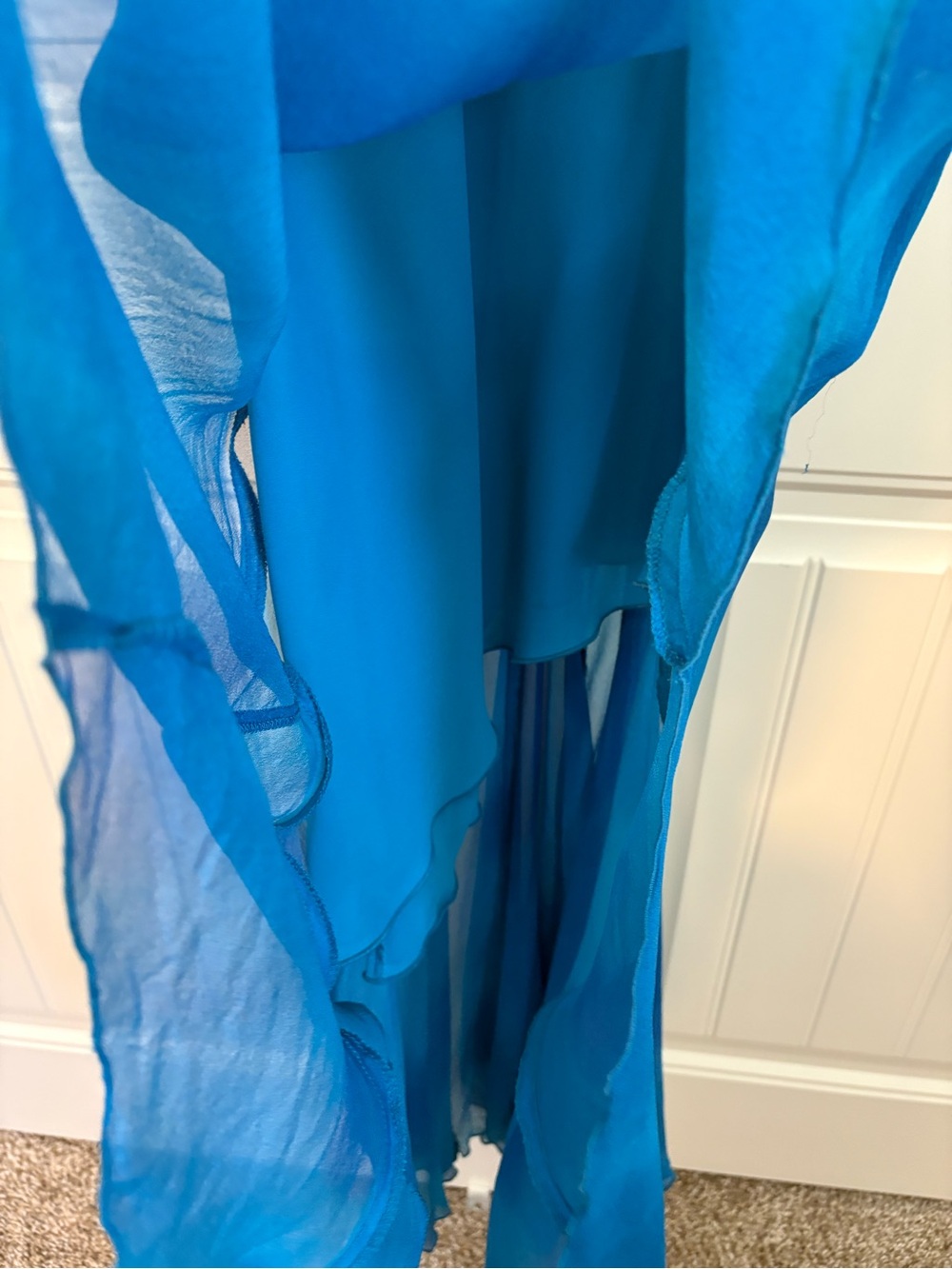 VTG Caché Beaded Silk Aqua Blue Asymmetric Ruffle Gown Size 10 Y2K Mermaid rare - Picture 3 of 12